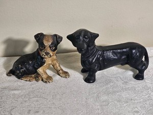 Cast Iron Dog Doorstop & Terrier Puppy Doorstop Pair