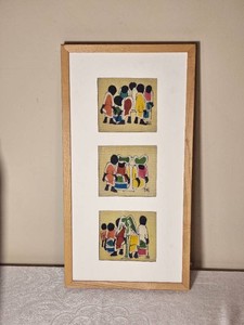 Signed Mid Century Modern Figural Textile Art Triptych