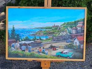 Original Folk Art Railroad & Coastal Landscape Painting