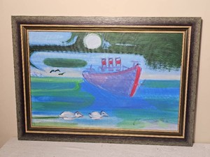 Original Folk Art Boat & Waterfowl Painting signed Myres 98