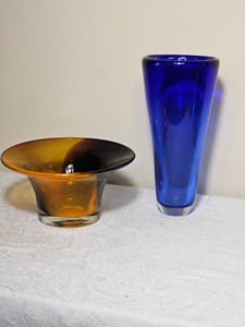 Blue and Amber Studio Art Glass Pieces