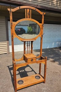 Antique Oak Hall Tree with Beveled Mirror & Coat Hooks