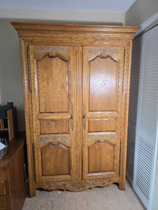 Ornately Carved French Provincial Oak Two Door Armoire