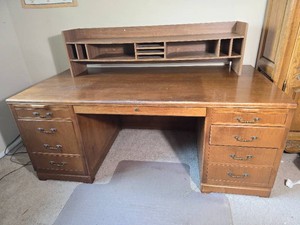 Vintage Leopold Double Pedestal Executive Desk with Organizer Hutch