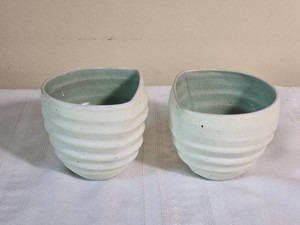 Handcrafted Celadon Crackle Glaze Studio Pottery Cup Pair