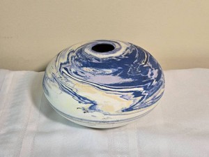 Signed Blue & White Marbled Studio Pottery Vase
