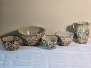 Antique Spongeware Stoneware Mixing Bowls & Advertising Pitcher