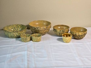 Vintage Spongeware Stoneware Mixing Bowl Collection with 1937 Advertising Piece