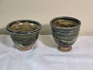 Signed Studio Pottery Footed Cup Pair with Green Glaze
