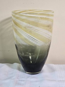 Modern Handblown Art Glass Vase with White & Gold Swirl
