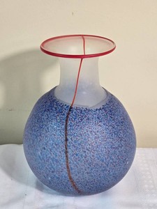 Contemporary Speckled Blue Art Glass Vase with Red Accent