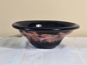 Signed 1981 Black Art Glass Abstract Bowl