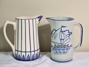 Louisville Stoneware & Portuguese Hand Painted Pottery Pitcher Pair