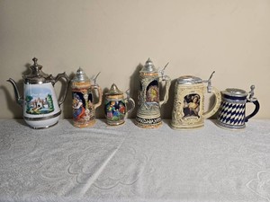 Vintage German Style Beer Stein Collection with Pewter Lids
