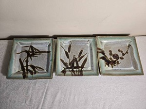Mid Century Studio Pottery Square Plate Trio with Botanical Designs