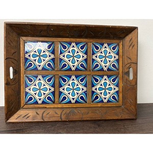 Wood Mosaic Tile Serving Tray with Handles, Blue White 1 Pc