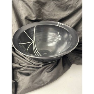 Black Ceramic Hand-Painted Bowl with White Abstract Lines