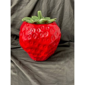 Red Ceramic Strawberry Jar with Green Leaf Lid