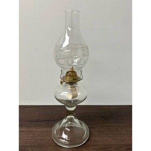 Clear Glass Oil Lamp with Etched Floral Shade and Brass Burner