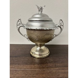 Silver Tone Metal Lidded Trophy Urn with Bird Finial