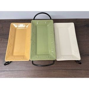 Ceramic Rectangular Serving Tray Set with Metal Rack, 3 Pieces