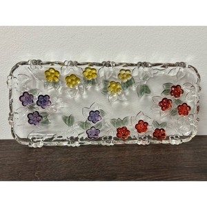 Clear Glass Floral Rectangular Tray with Multicolor Flowers