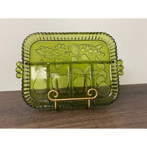 Green Pressed Glass Fruit Divided Serving Tray with Handles