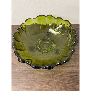 Green Glass Scalloped Footed Bowl with Black Rim