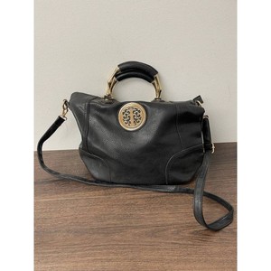 Black Faux Leather Satchel Bag with Gold-Tone Handles