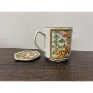 Japanese Porcelain Tea Mug with Infuser and Lid, Floral Bird