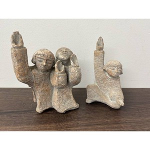 Stoneware Folk Art Figurine Pair � Raised Arms, 2 Pieces