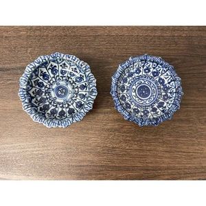Blue White Ceramic Pedestal Bowls with Scalloped Rims, 2 pcs