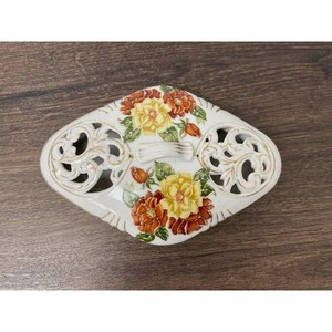 White Ceramic Floral Lidded Trinket Box with Cutout Lid