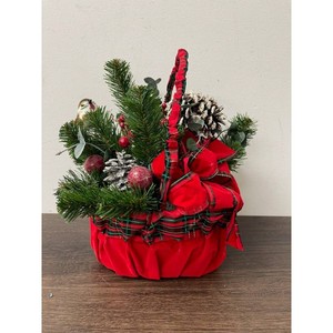Red Fabric Christmas Basket Arrangement with Pinecones and Bird