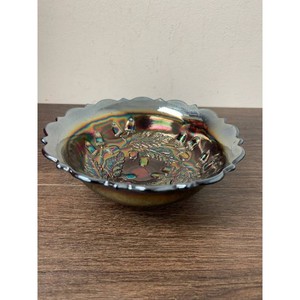 Iridescent Glass Acorn Leaf Bowl Scalloped Rim Footed