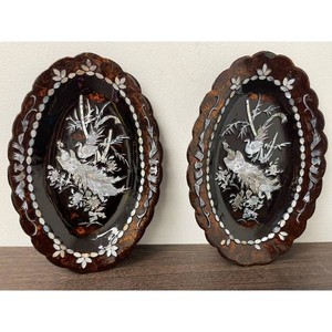 Brown Shell Inlay Lacquer Oval Wall Plates 2 Pc
