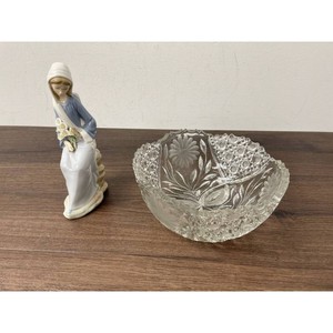 Lladro Porcelain Girl Figurine with Crystal Bowl Set