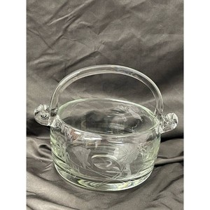 Clear Cut Glass Basket with Handle and Floral Etching