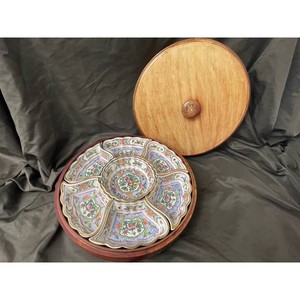 Wood Floral Porcelain Divided Serving Set with Round Tray, 6 Pieces