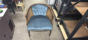 Vintage Cane Barrel Chair with Blue Velvet Upholstery