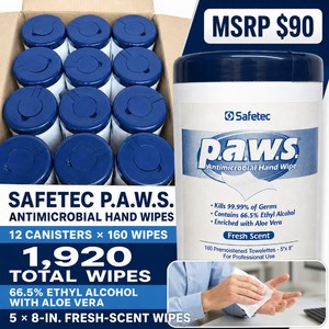 MSRP $90 Case of 12 Safetec P.A.W.S. Antimicrobial Hand-Wipe Canisters  1,920 Total Fresh-Scent Wipes  66.5% Ethyl Alcohol With Aloe Vera