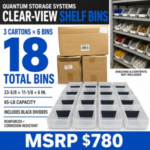 MSRP $780 Lot of 18 Quantum Storage Systems Clear-View Shelf Bins With Black Dividers  3 Cartons of 6  23-58  11-18  6 In.  65-Lb Capacity