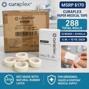 MSRP $170 Full Case of 288 Curaplex Paper Medical Tape Rolls, � In.  10 Yd. Each  12 Boxes of 24  Latex-Free Bulk Supply for Securing Dressings and Gauze
