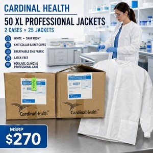 MSRP $270 Two Cases of 50 Cardinal Health Convertors XL Professional Jackets  White Breathable SMS Fabric, Snap Front, Knit Collars and Cuffs  Latex-Free Clinical Apparel