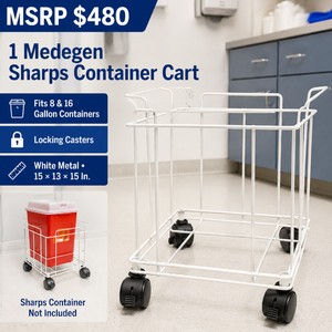 MSRP $480 NEW Medegen Rolling Sharps Container Cart for 8- and 16-Gallon Containers  White Metal Wire Frame with Locking Casters  Sharps Container Not Included