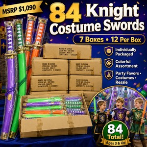 MSRP $1,090 Lot of 84 Individually Packaged Knight Costume Swords  7 Boxes of 12  Colorful Assortment for Party Favors, Costumes, Events and Resale  Ages 3 &amp Up