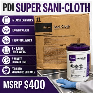 MSRP $400 Case of 12 PDI Super Sani-Cloth Large Germicidal Wipe Canisters  1,920 Total Wipes, 160 Per Canister  2-Minute Disinfection for Hard, Nonporous Surfaces