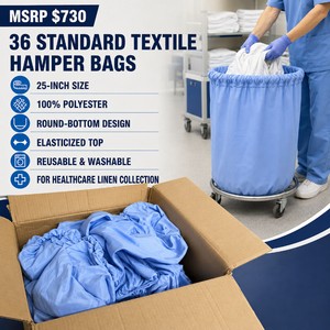 MSRP $730 Lot of 36 Standard Textile Blue 25-Inch Healthcare Hamper Bags  Reusable and Washable 100% Polyester with Elasticized Tops and Round-Bottom Design  For Efficient Linen Collection