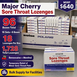 MSRP $640 Bulk Lot of 96 Major Cherry Sore Throat Lozenge Boxes  1,728 Individually Wrapped Lozenges Total  Benzocaine and Menthol for Temporary Relief of Minor Sore Throat Pain