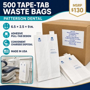 MSRP $130 Box of 500 Patterson Dental Tape-Tab Waste Receptacle Bags, 6.5  2.5  9 In.  Adhesive Pull-Tab Design for Convenient Chairside Disposal  Made in USA